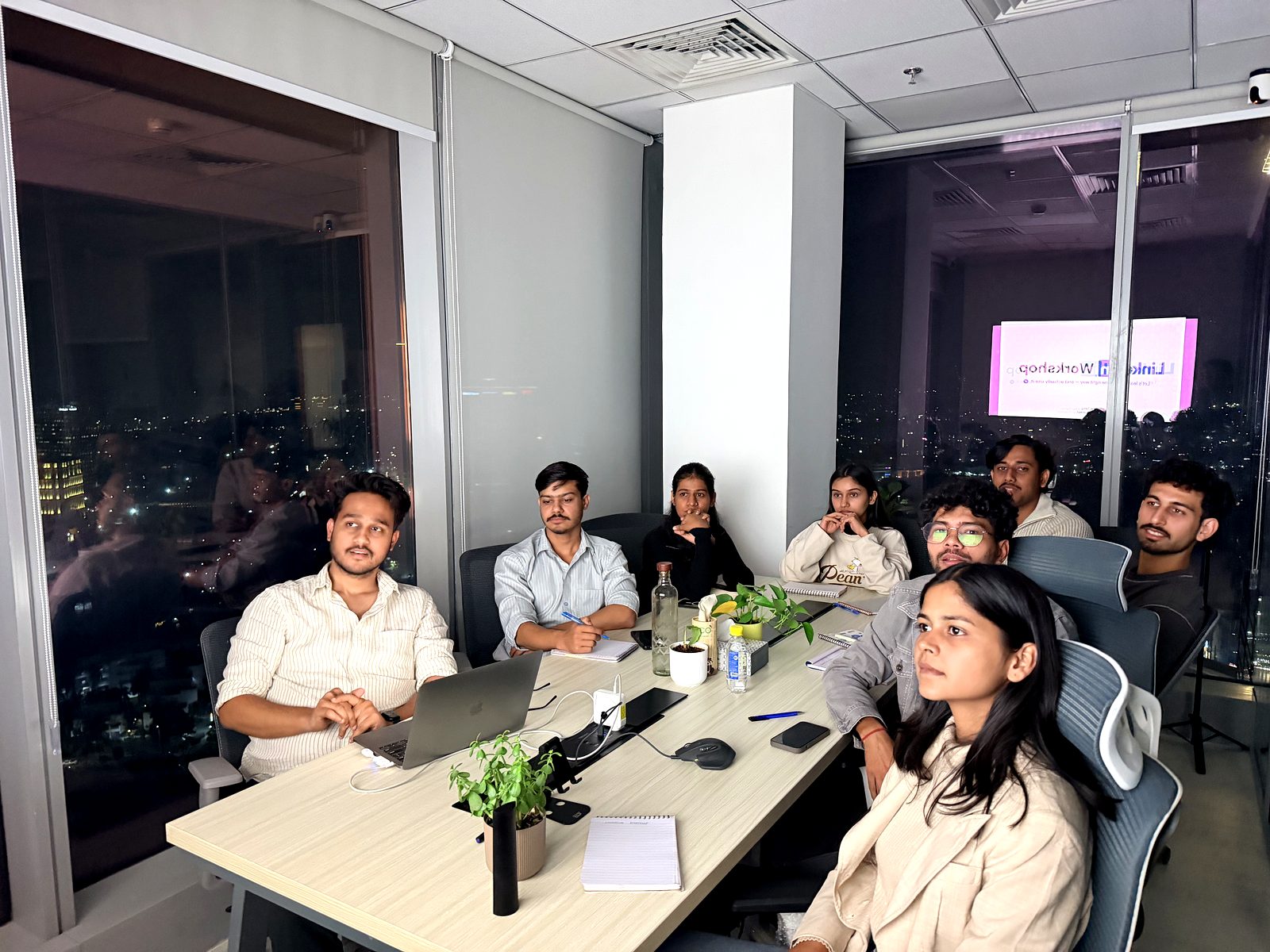 Content Mafia team workshop at the Noida office with city skyline view