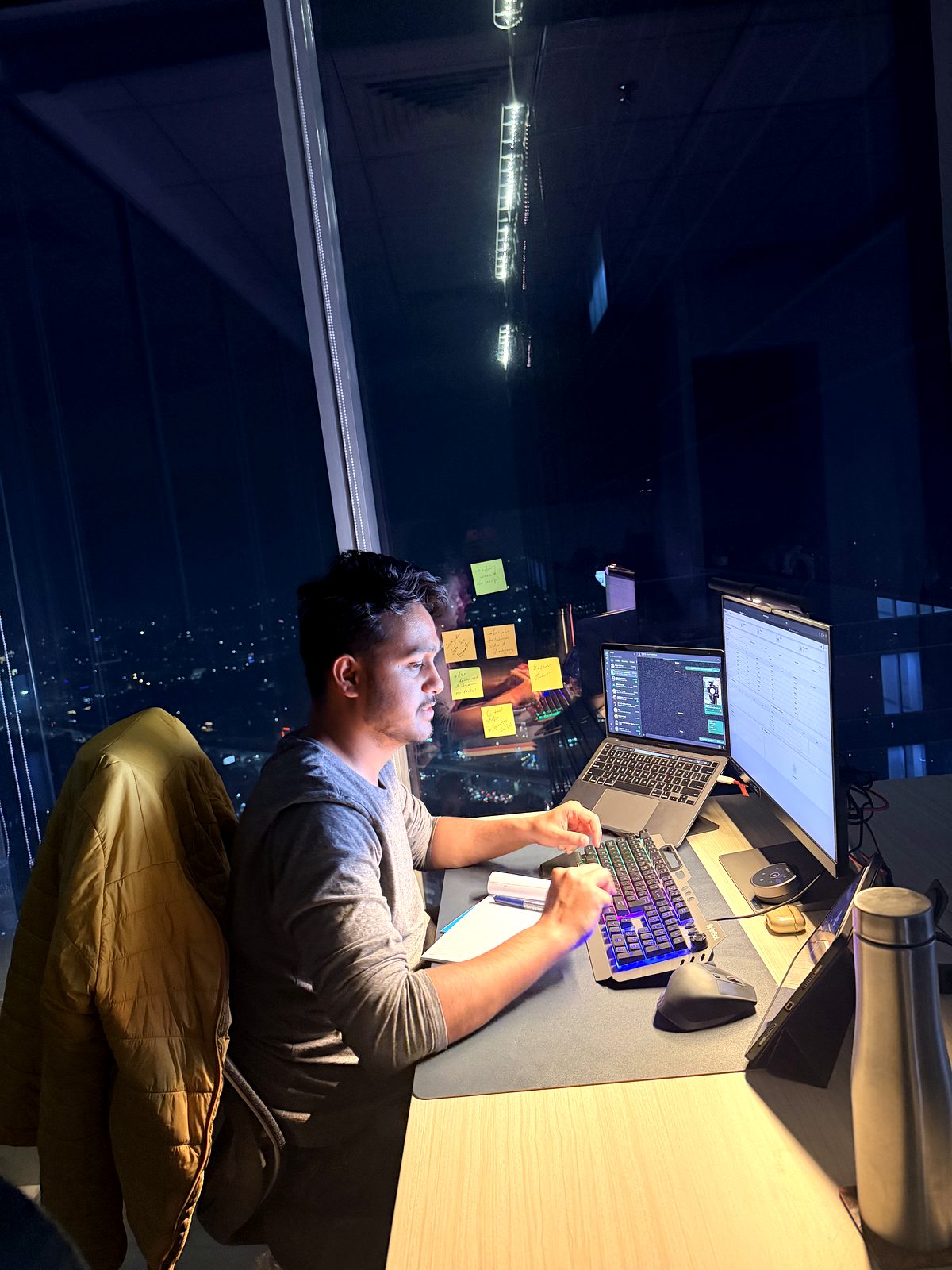 Tanuj Bhatt working late at his Noida desk — operator mindset